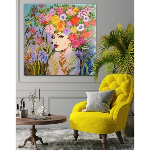 Woman With Flower Hair, Angela Botnari Oil Paint Woman With Flower Hair, Angela Botnari Oil Painting on Canvas, 120×120 cm, Original Oil Painting on High Quality Canvas Oil