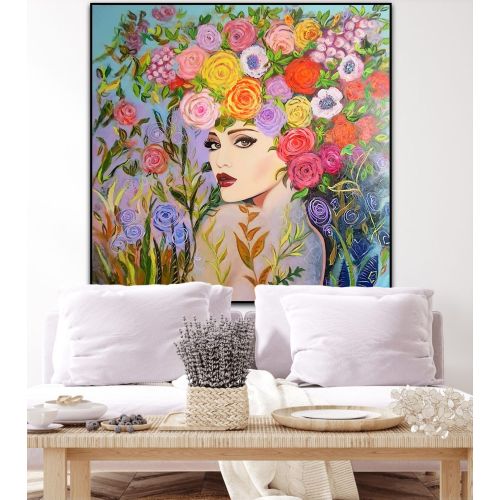 Woman With Flower Hair, Angela Botnari Oil Paint Woman With Flower Hair, Angela Botnari Oil Painting on Canvas, 120×120 cm, Original Oil Painting on High Quality Canvas Oil