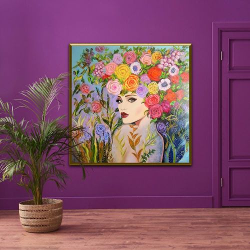 Woman With Flower Hair, Angela Botnari Oil Paint Woman With Flower Hair, Angela Botnari Oil Painting on Canvas, 120×120 cm, Original Oil Painting on High Quality Canvas Oil