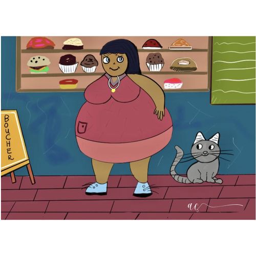 Fat Woman And Her Cat, Arzu Cevikalp  Illustration Paintings