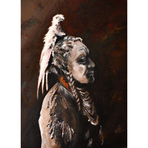 Şaman, Hande Akçe Yağlıboya Tablo Şaman, Hande Akçe Bu eser, 35x50 boyutunda 2018 yılında bez tuval üzerine yapılmıştır. Resimde, bir Şamanın