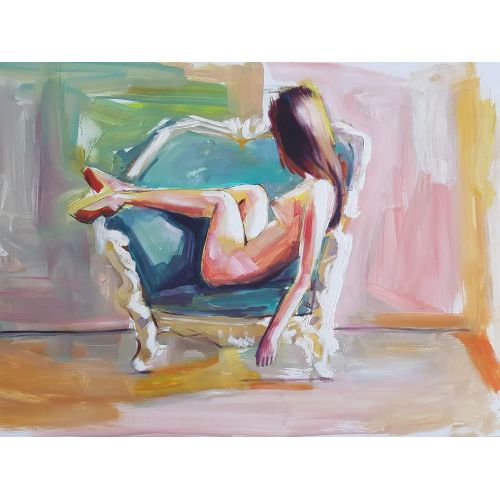 Nudes Stuck In The Armchair, Muzaffer Bulut An oil painting multicolored stained work on paper Oil Paint Paintings