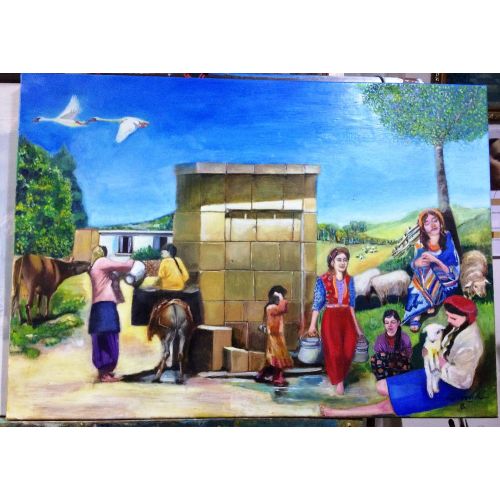 Çeşme Başı Gıybet, İrfan Çelik çerçevesiz, ahşap tuval üzerine yağlı boya Yağlıboya Tablo Orijinal Tablo