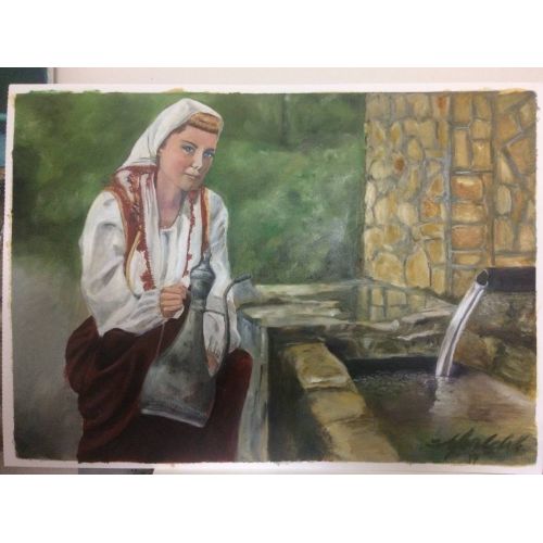 Çeşme Başı, İrfan Çelik çerçevesiz,35x50 kağıt üzerine yağlı boya Yağlıboya Tablo Orijinal Tablo