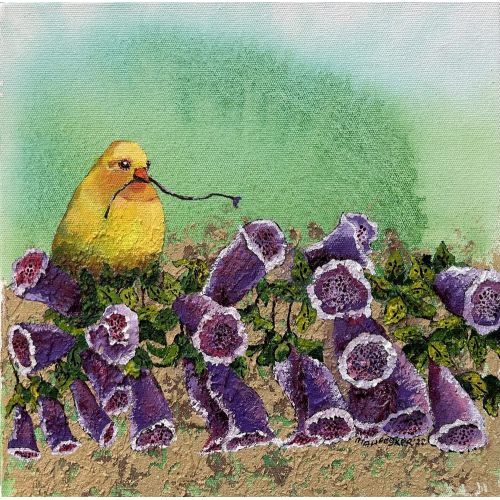 Yellow Bird, Mahpeyker Yonsel Acrylic paint on canvas, unframed, 5cm from top to bottom. It has a steel hanger. Acrylic Paintings
