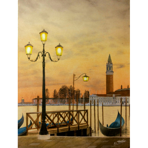 Venetian Breeze, Ala Alzain Venetian-breeze finely detailed impressionist drawing using watercolor framed painting  Watercolor