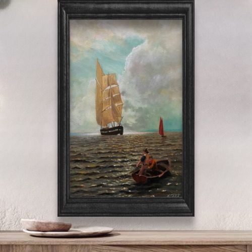 Açık Denizde Tekneler, Savaş Çakır boats in the open sea - Hans Gude röprodüksiyon dokulu karton üzerine akrilik boya