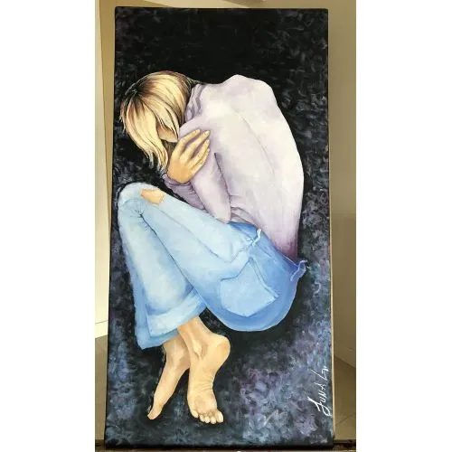 Insomnia, Suna Guldas Figurative canvas oil painting. In the painting, the figure is realistic, the textured structure consisting