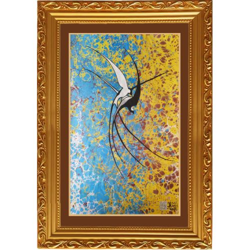 Soulmate, Zeki Yalçın Swallow on Battal Ebru - Original Ebru ArtworkTraditional Battal Ebru worked with an original